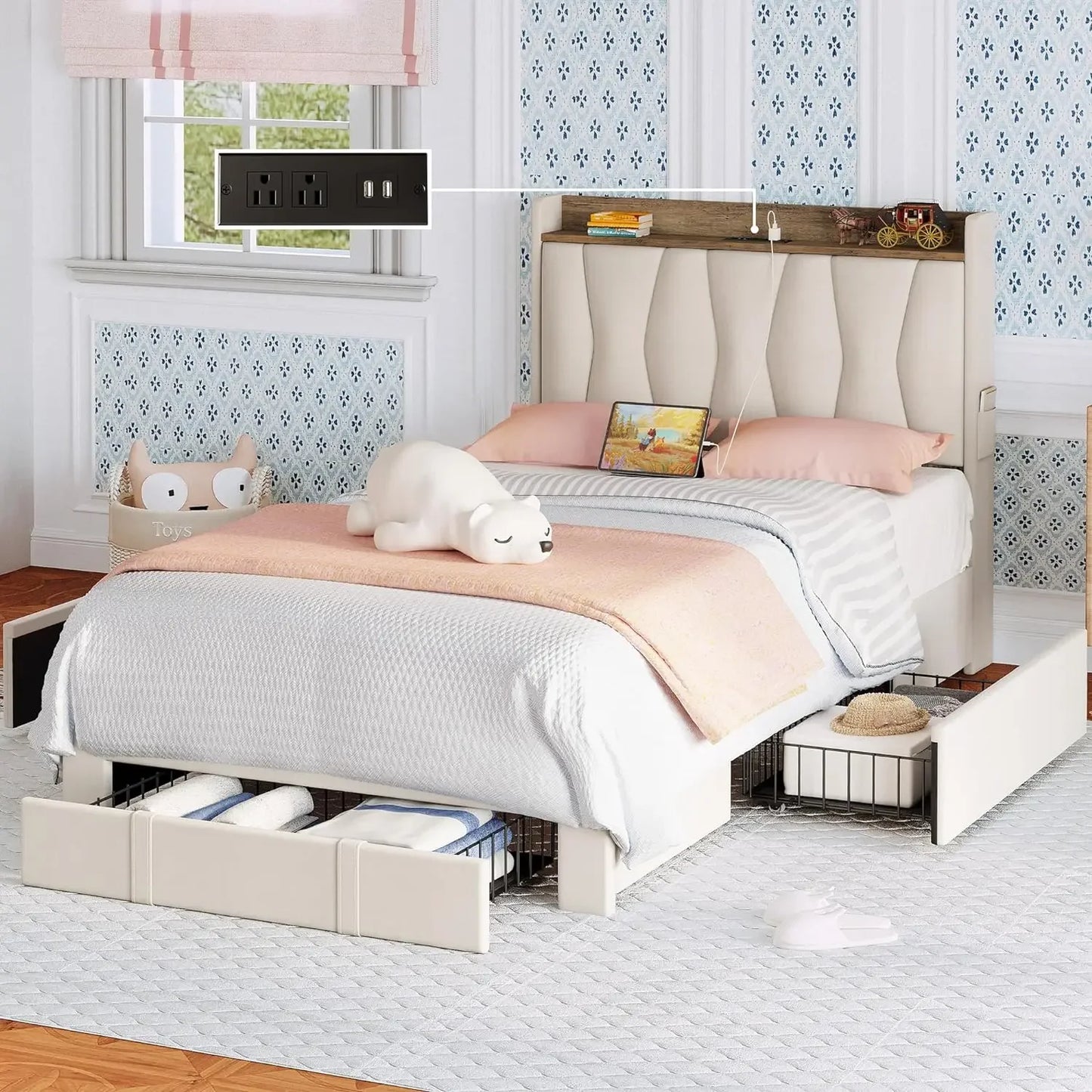 King Size Bed Frame with Storage Headboard and Charging Station