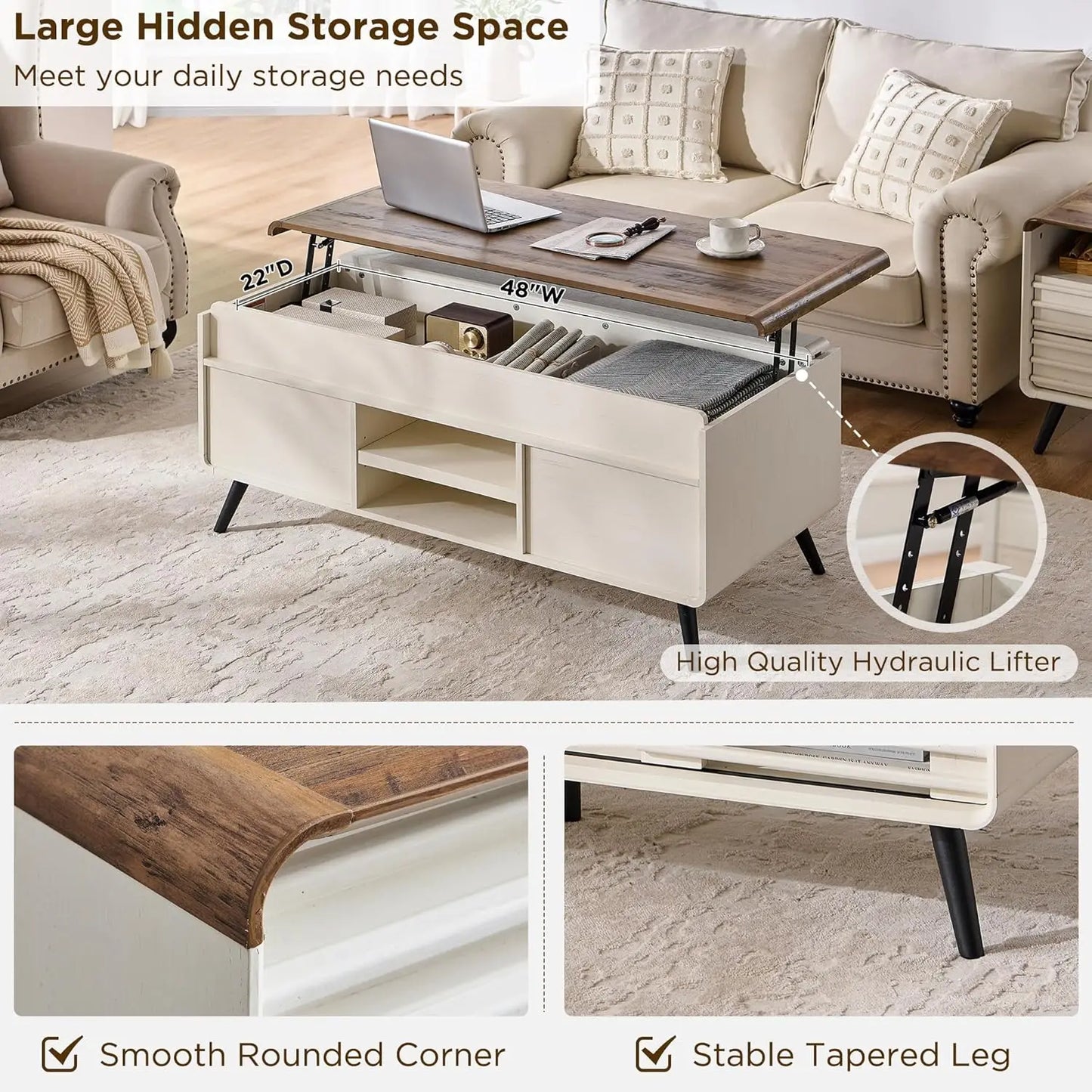 48" Lift Top Coffee Table with Slatted Sliding Door