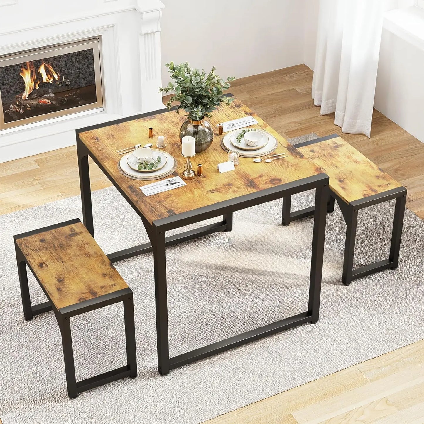 Dining Table Set for 4 with 2 Benches