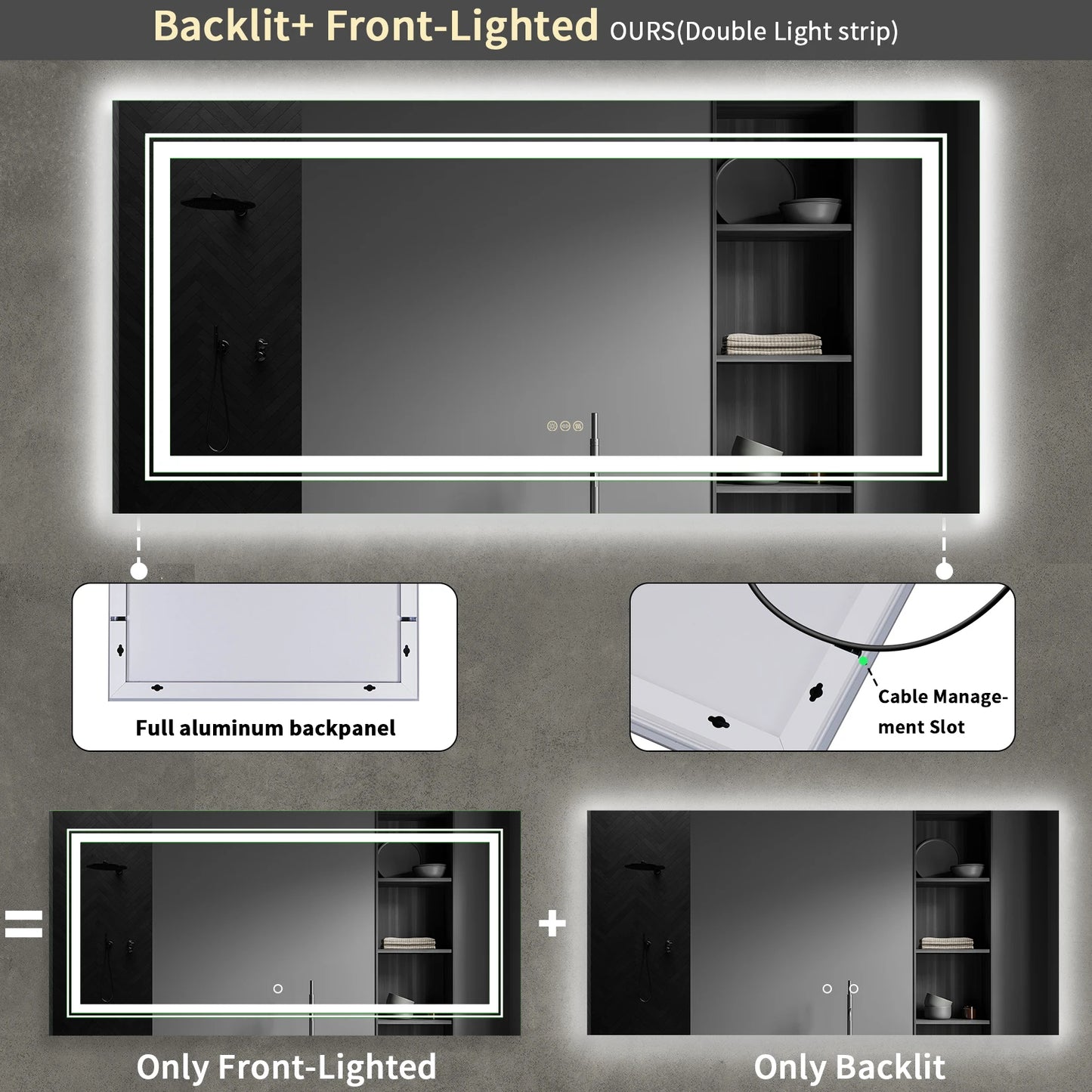 Extra Large Rectangle Bathroom Mirror LED Vanity Dimmable Backlit Anti-Fog
