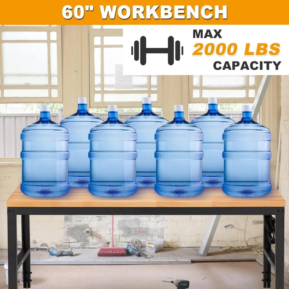 60" 2000 Lbs. Capacity Height Adjustable Workbench with Power Outlets