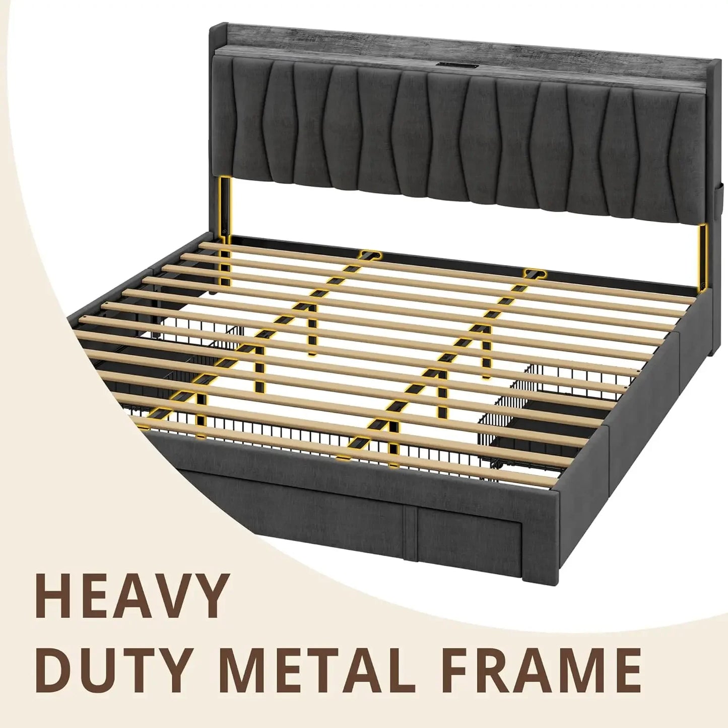King Size Bed Frame with Storage Headboard and Charging Station