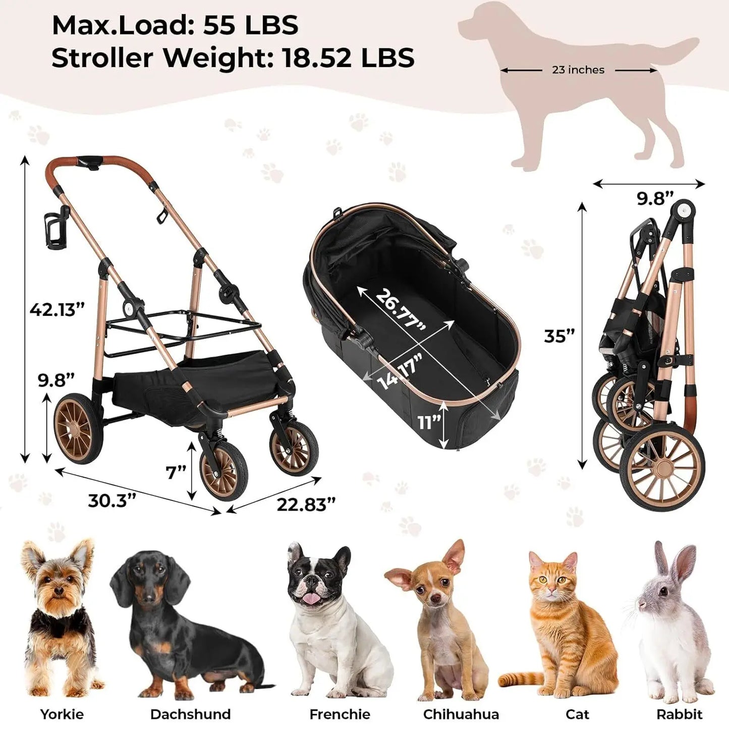 360° Rubber Wheels and Shock Absorption Dog Buggy