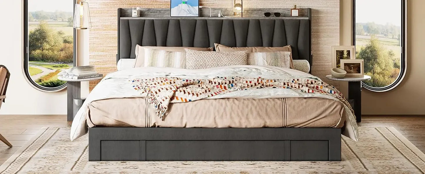 King Size Bed Frame with Storage Headboard and Charging Station