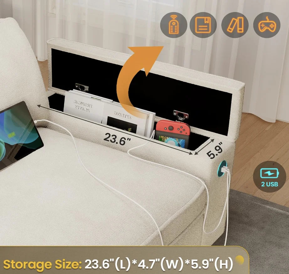 Modern Sofas Oversized Loveseat Sofa with Storage and 2 USB Charging