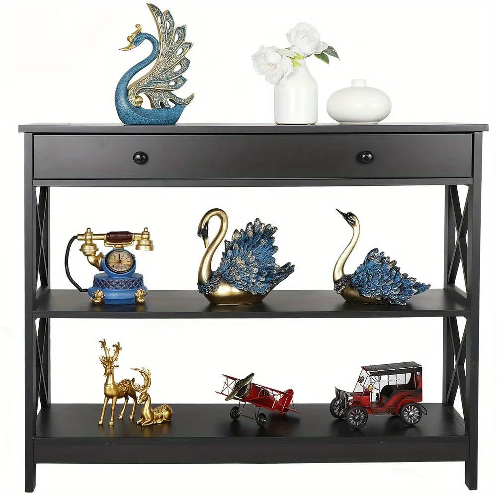 Console Table with Drawer Storage Shelf Black Sofa Table Hallway Furniture