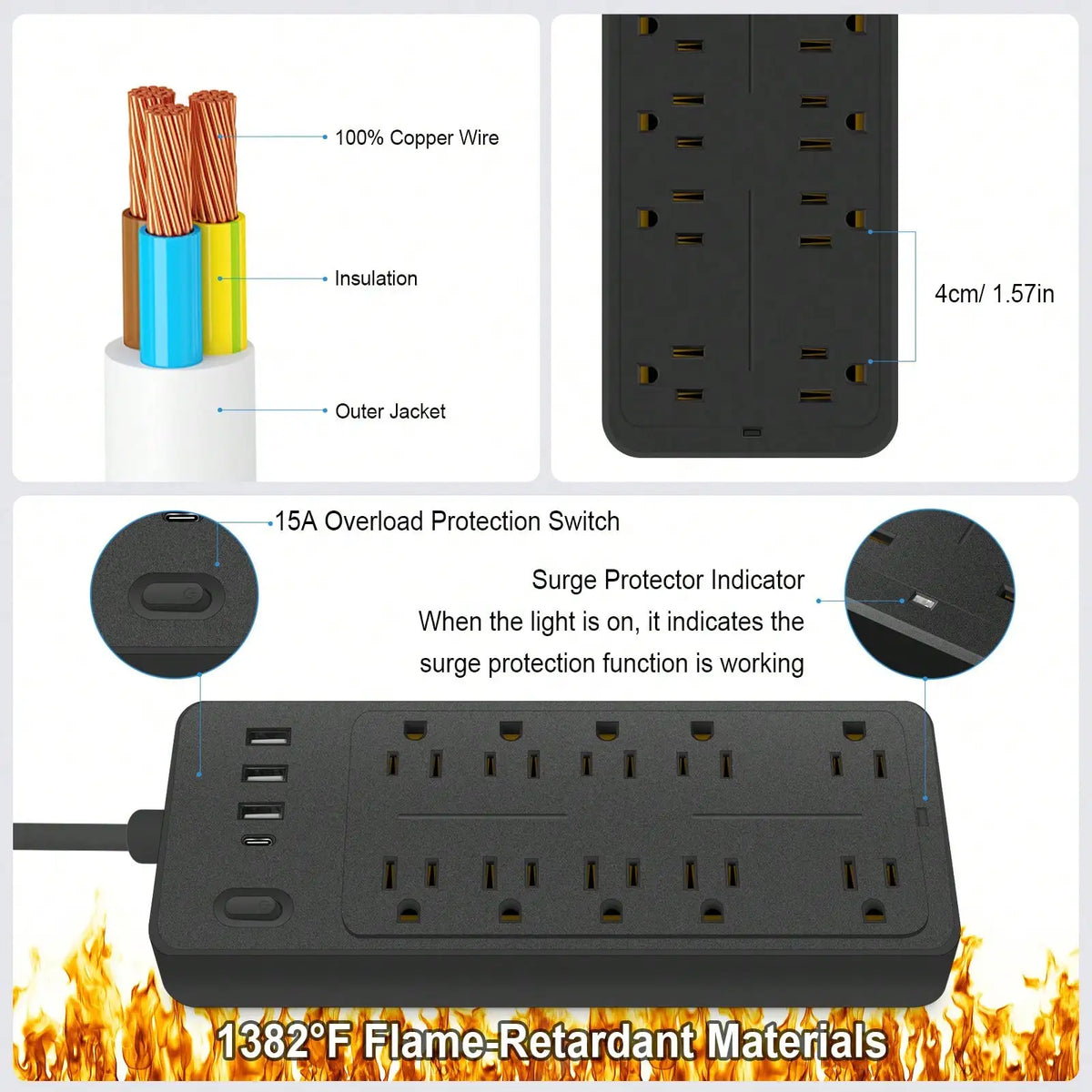 Power Strip Surge Protector 14 in 1 Multi Outlet Extender