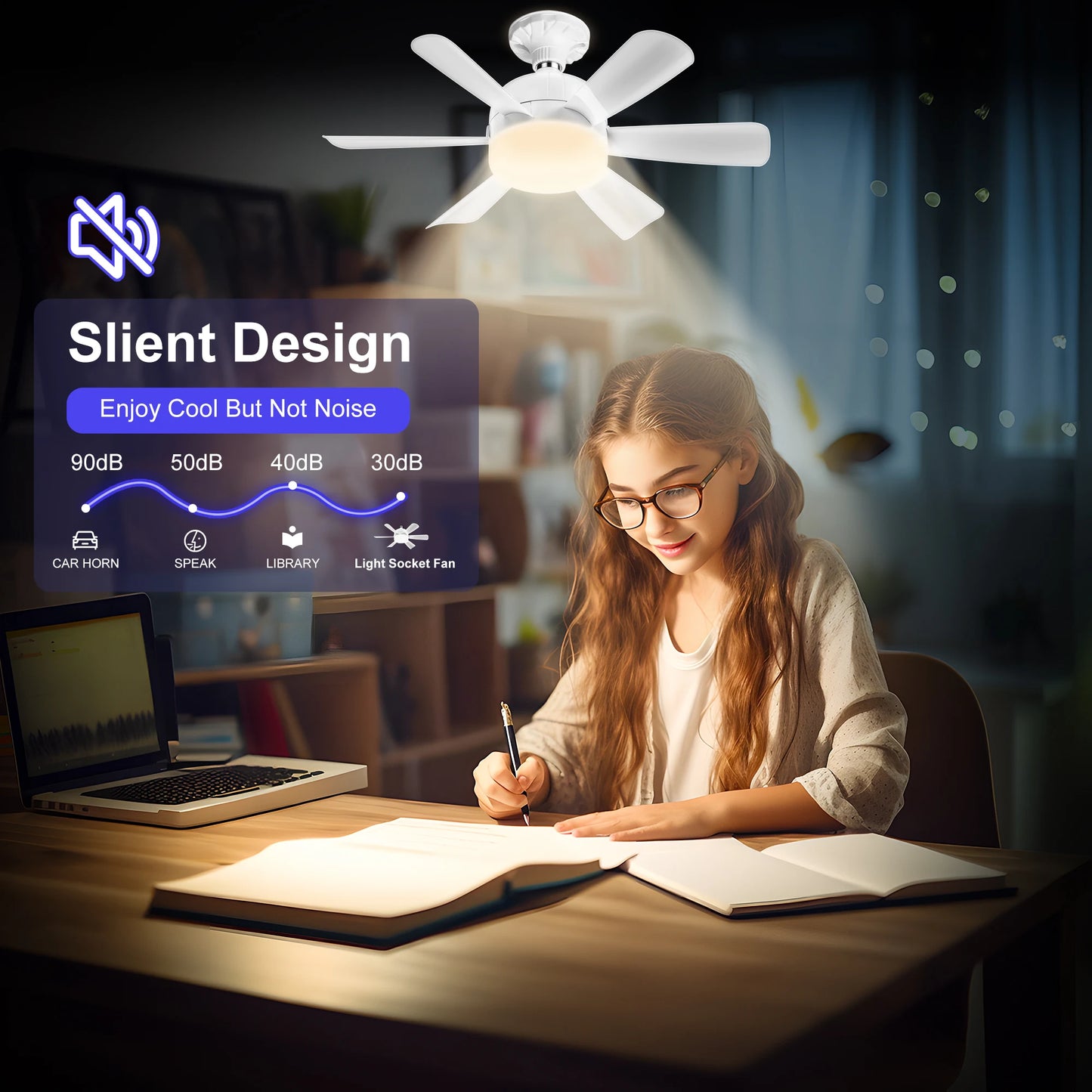 Socket Fan Light with Remote, 3 Colors 3000K-6500K Dimmable Socket Fan