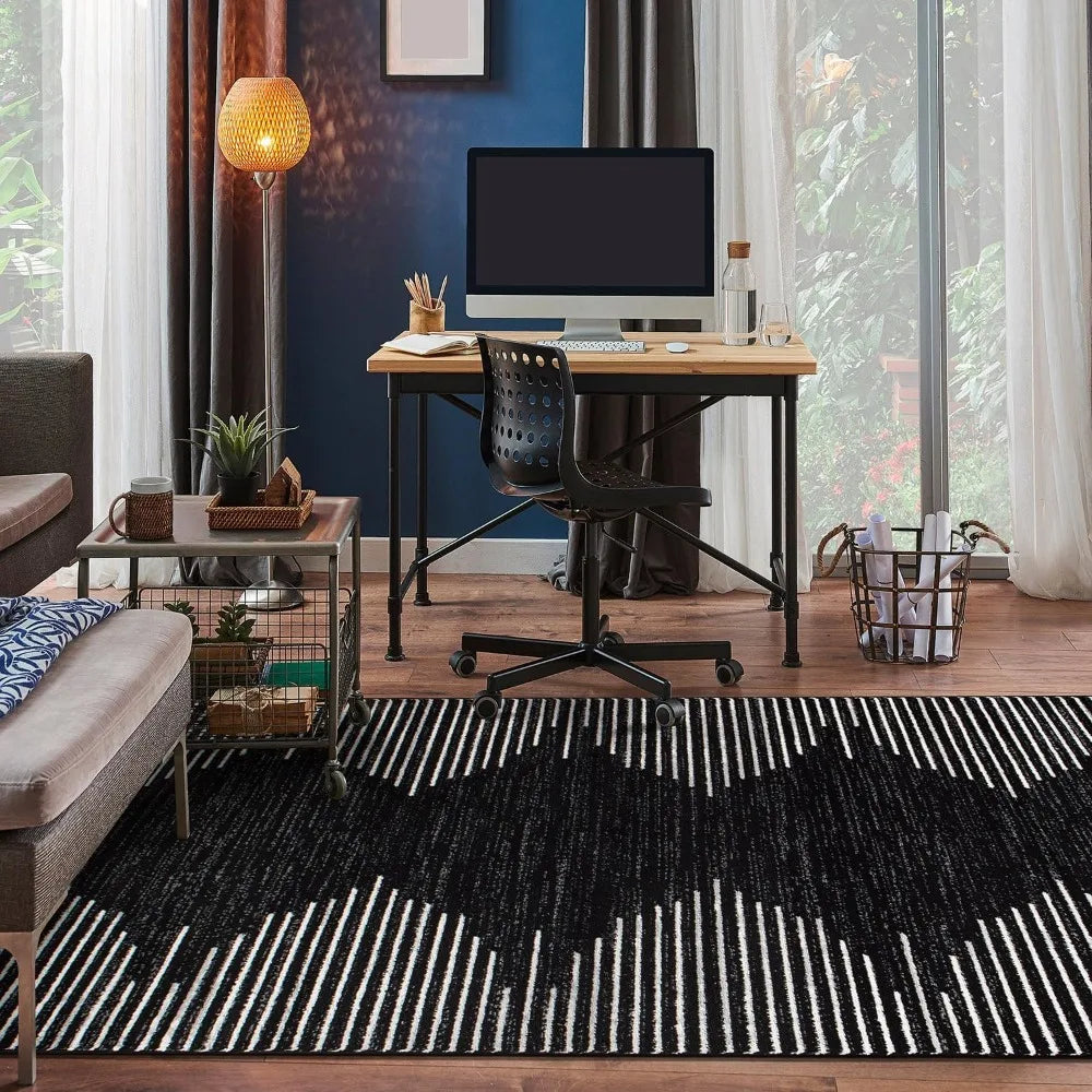 6'6" x 9' Black Stripe Stain Resistant High Traffic Area Rug