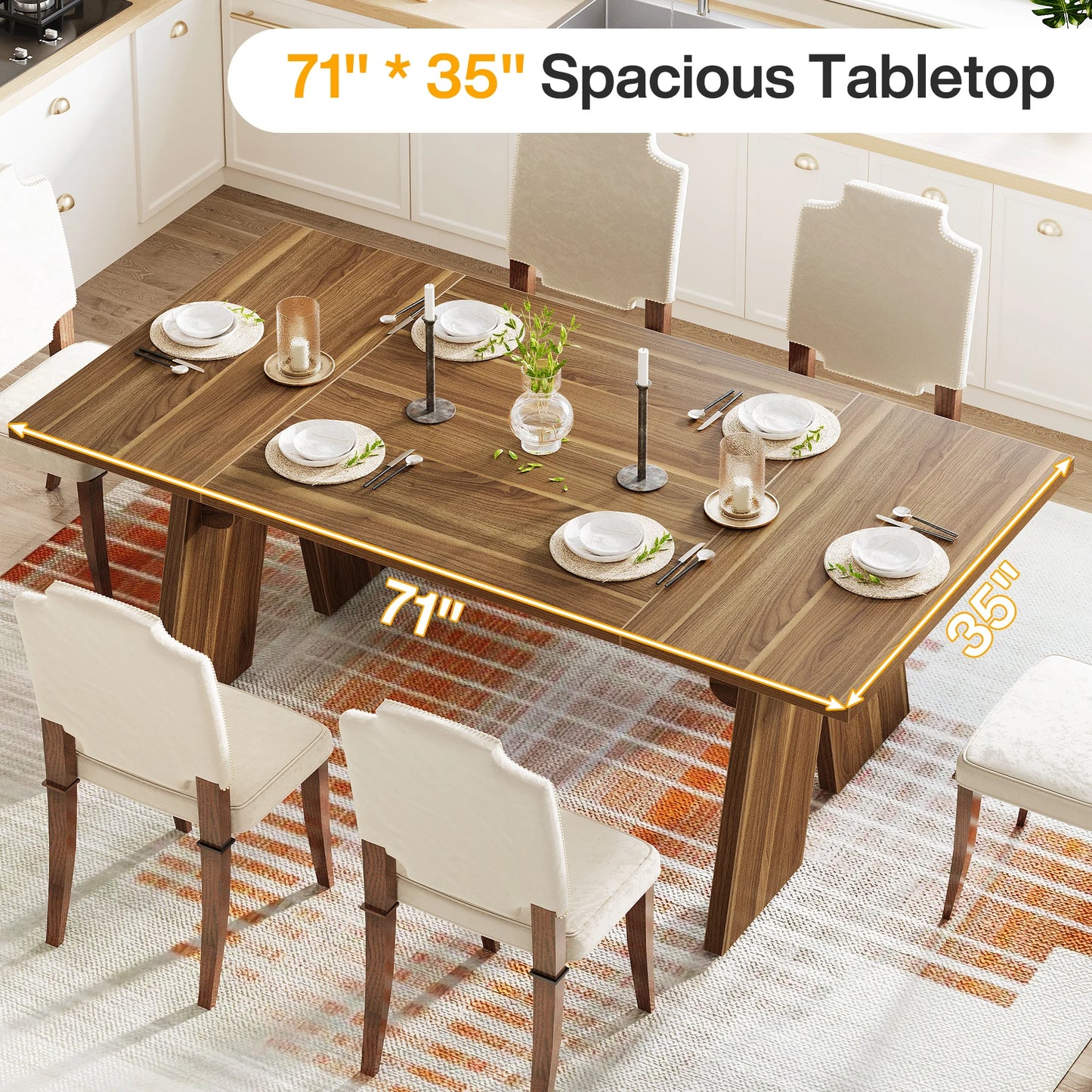 71" Large Dining Table Rectangular Dining Table with Solid Wood Legs