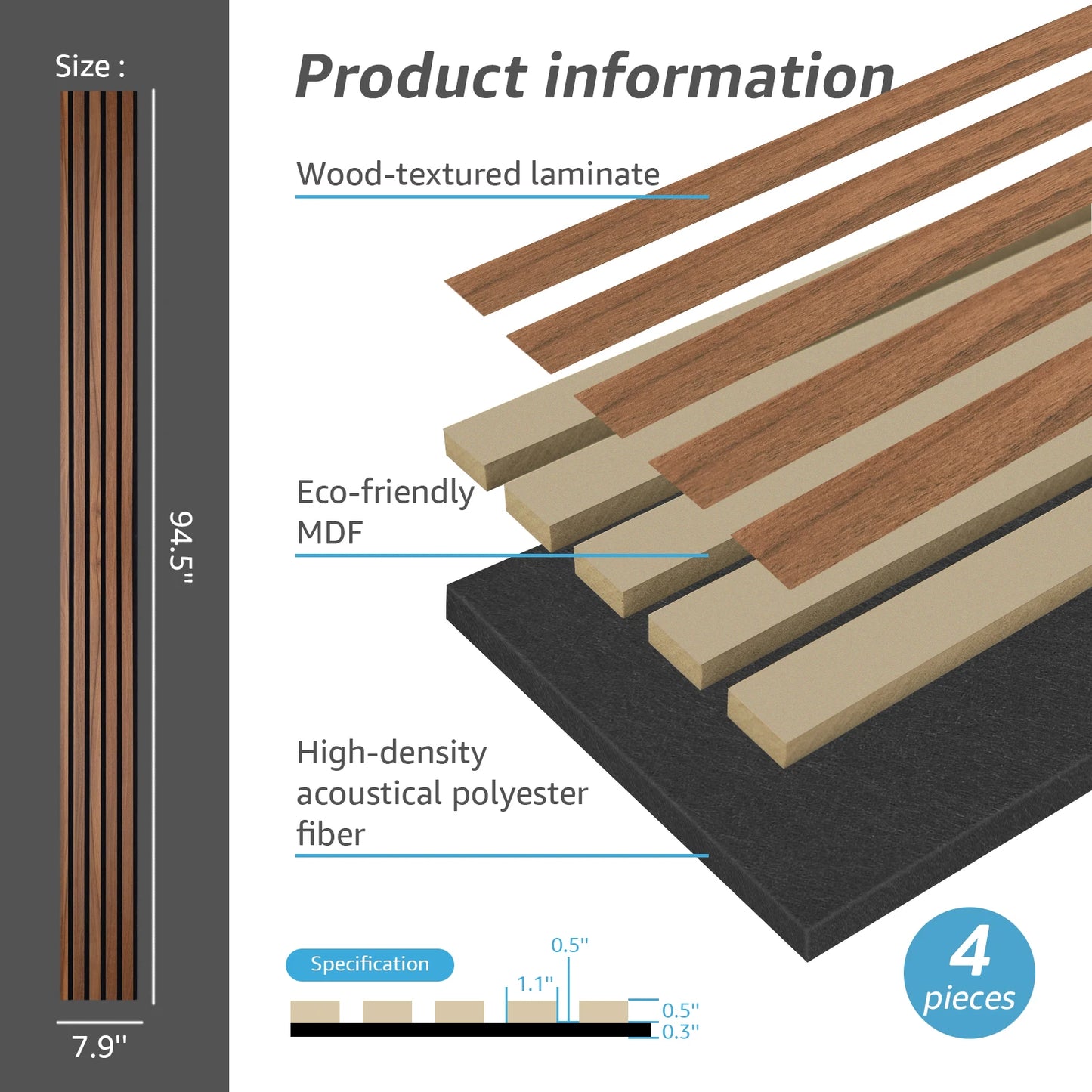 94.5x7.9-inch 4PCS Wood Noise Reduction 3D Textured Wall Panels