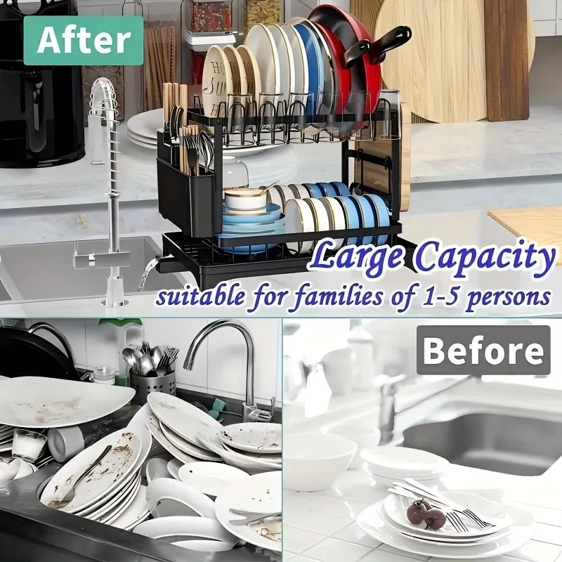 Space-Saving 2-Tier Dish Drying Rack with Utensil Holder