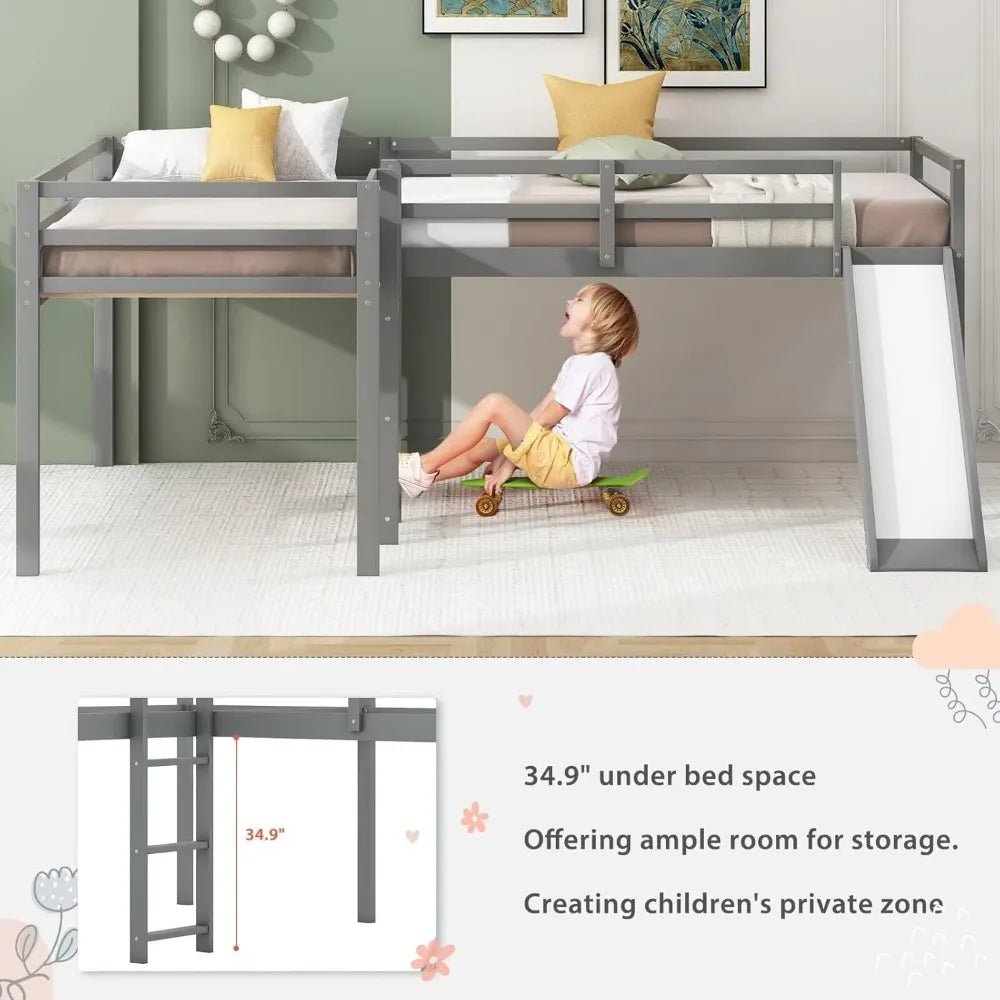 Twin Size Double Loft Bed with Slide and Ladder