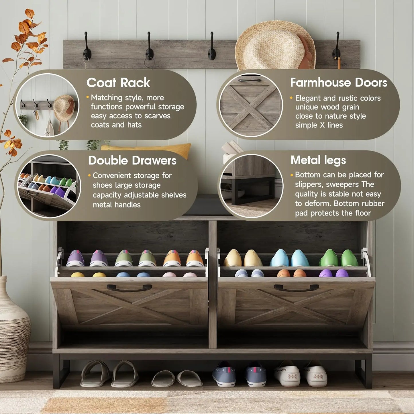Wooden Shoe Cabinet with Padded Seat Cushion for Entryway