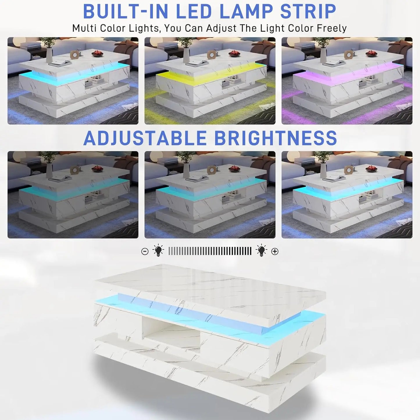 47.2-inch High Glossy LED Coffee Table with 2 Sliding Drawers