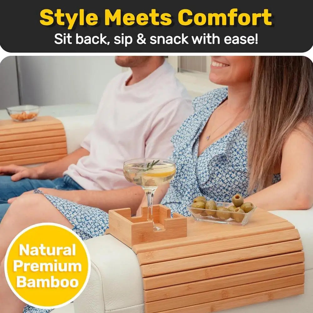 Bamboo Wood Sofa Armrest Tray Anti-Slip