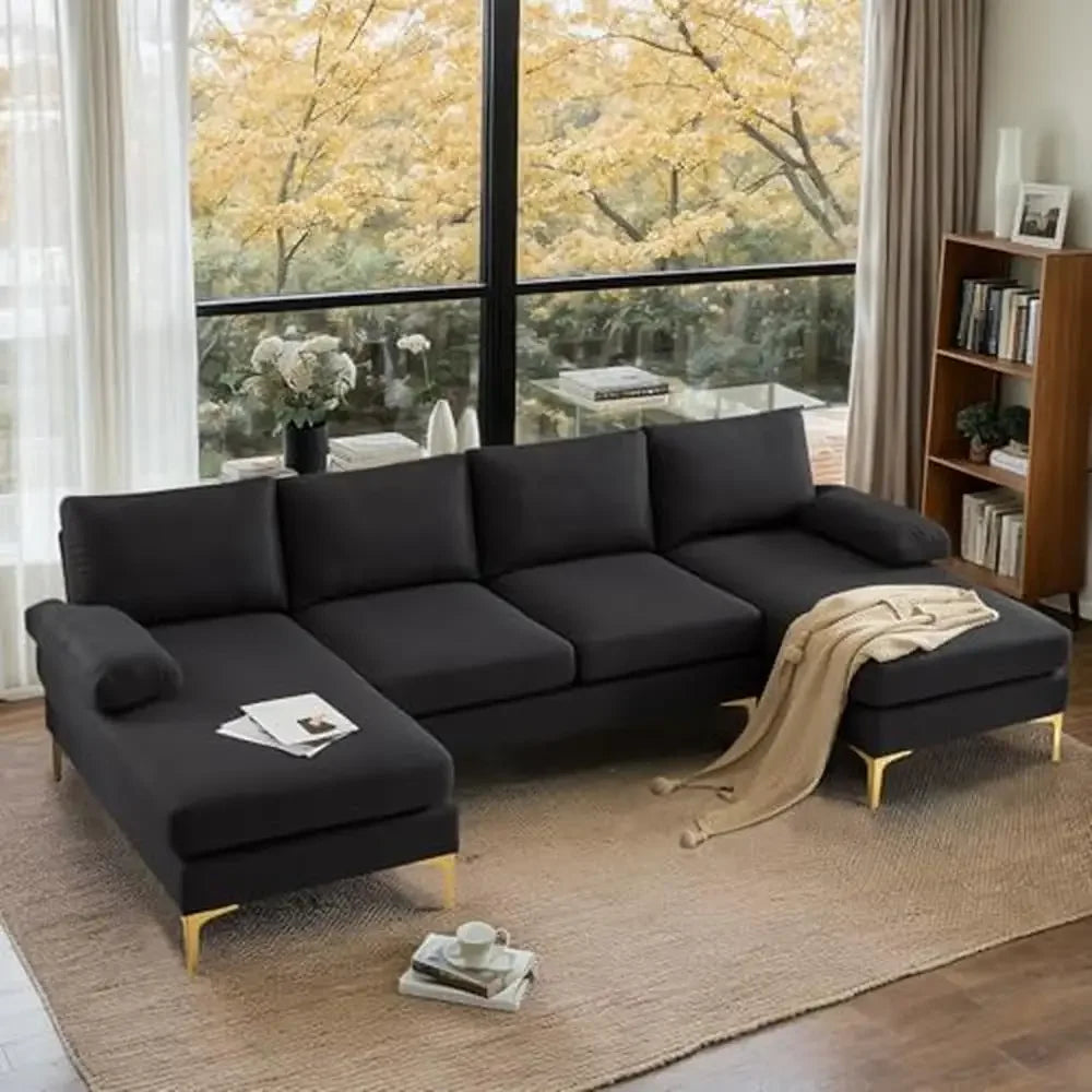 110" Black U-Shaped Sectional Sofa with Double Chaise Lounge Seat