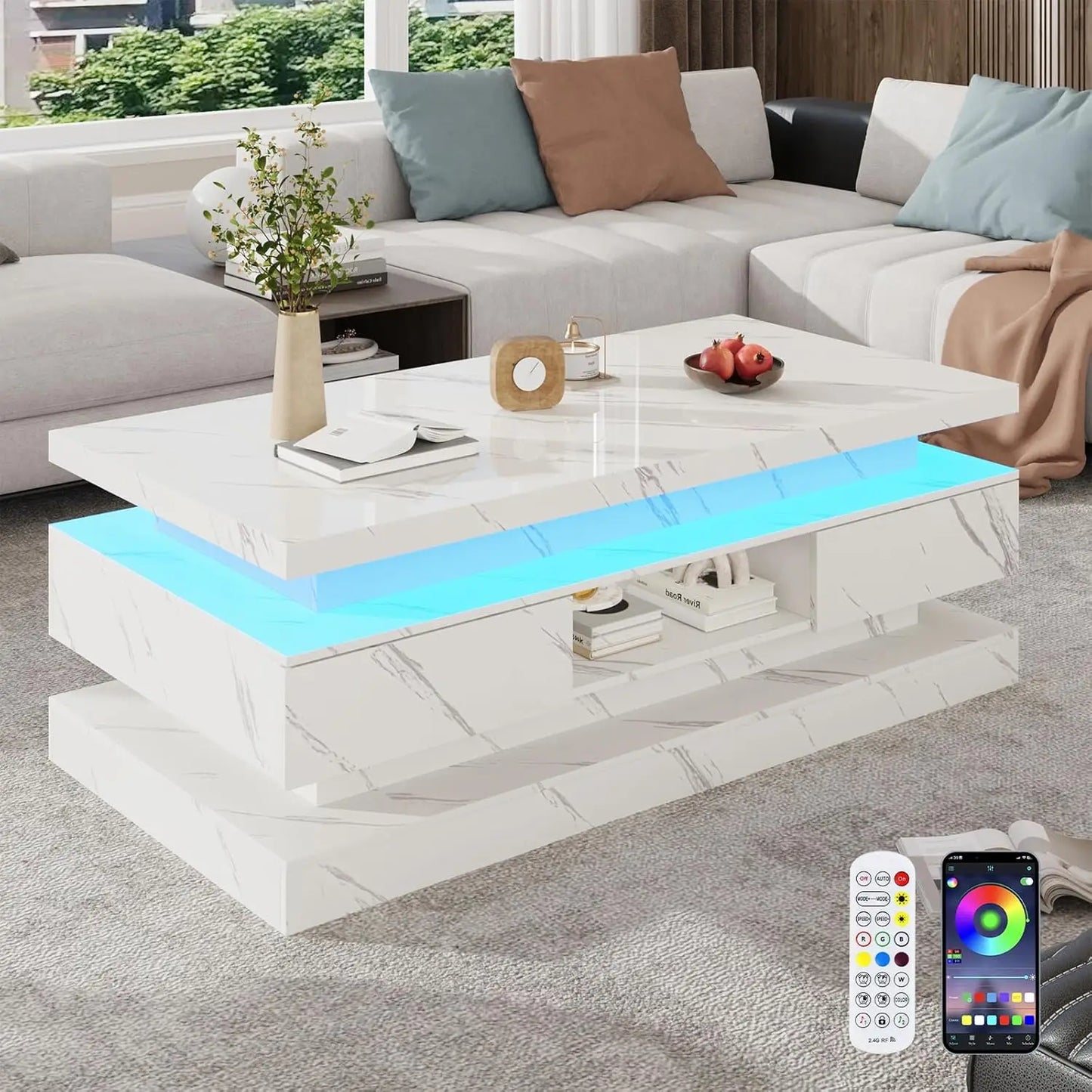 47.2-inch High Glossy LED Coffee Table with 2 Sliding Drawers