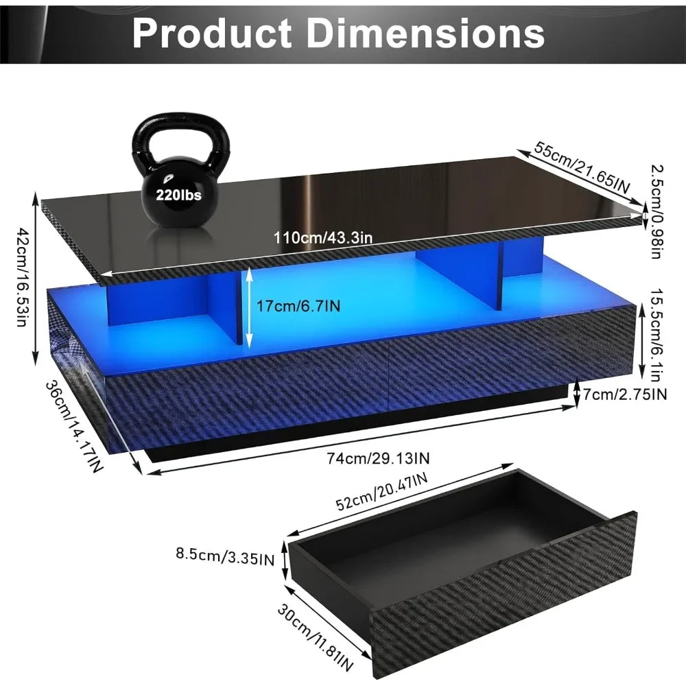 High Glossy Modern Black Coffee Table w/60,000-Color Lights,