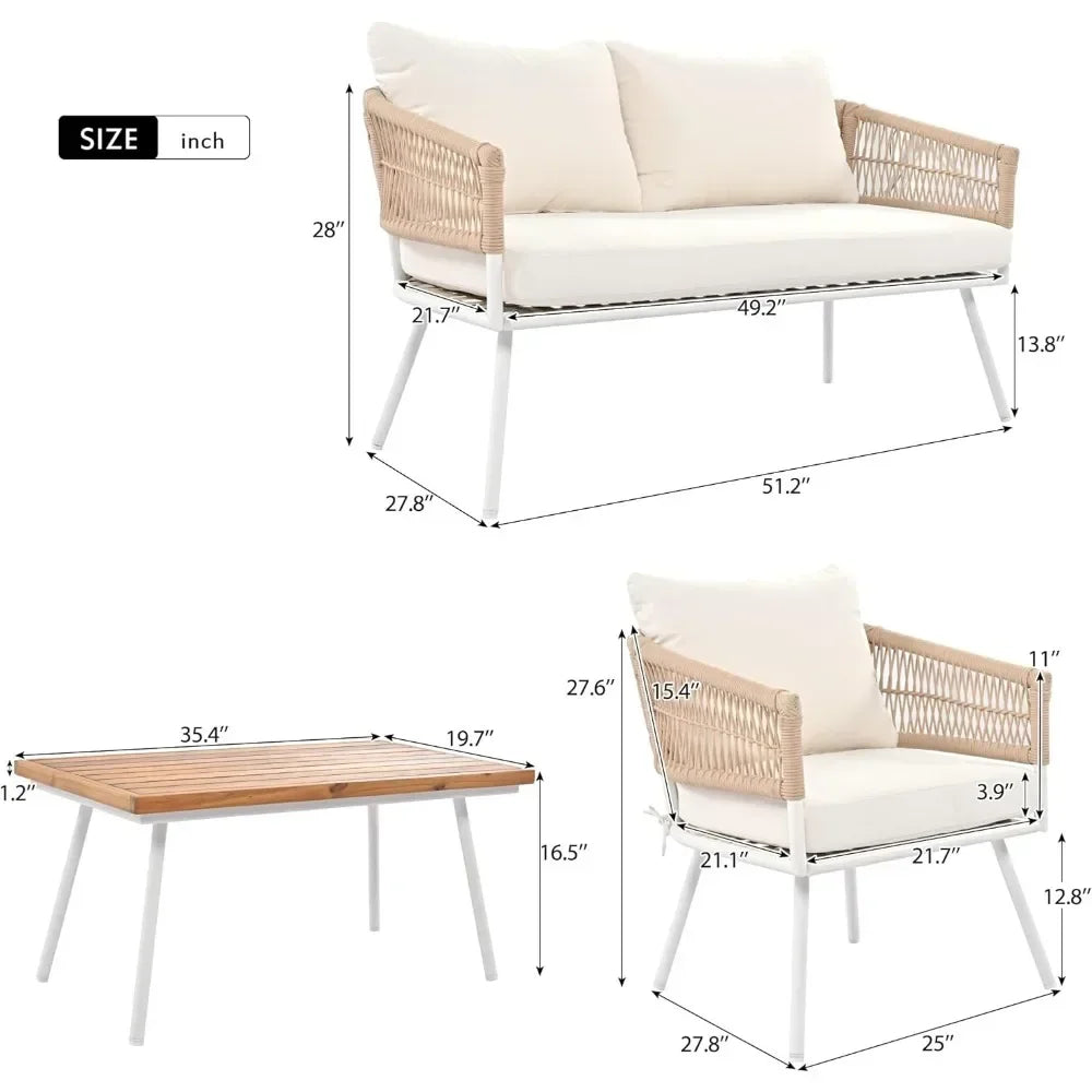 4 Pieces Outoor Patio Furniture Set PP Rope Conversation Set w/Loveseat