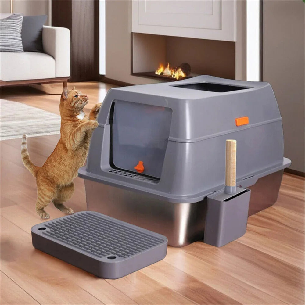 XXL Stainless Steel Cat Litter Box Easy Cleaning Toilet