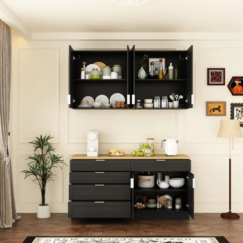 Wall-Mounted Pantry Cabinet Set with Doors & Countertop
