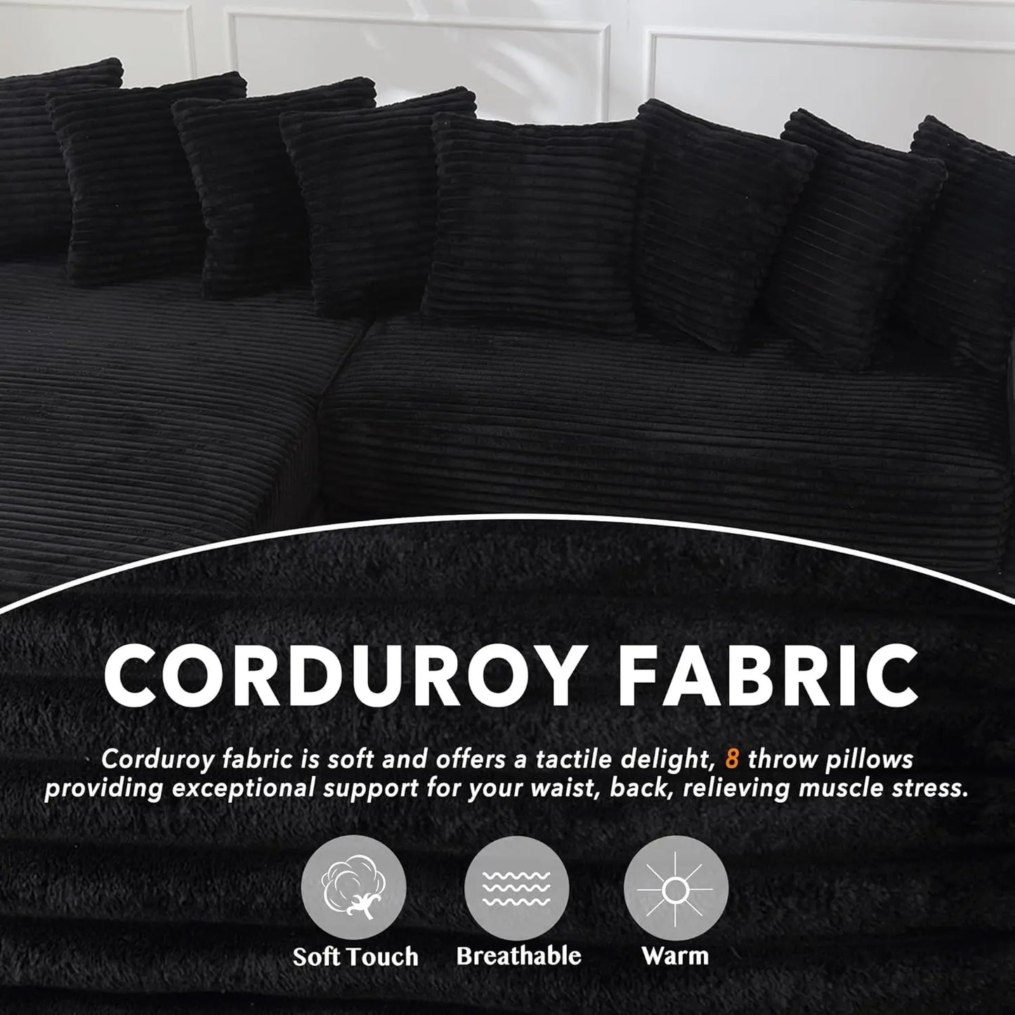 111'' Modern Sectional Sofa, L-Shaped Corduroy Couch