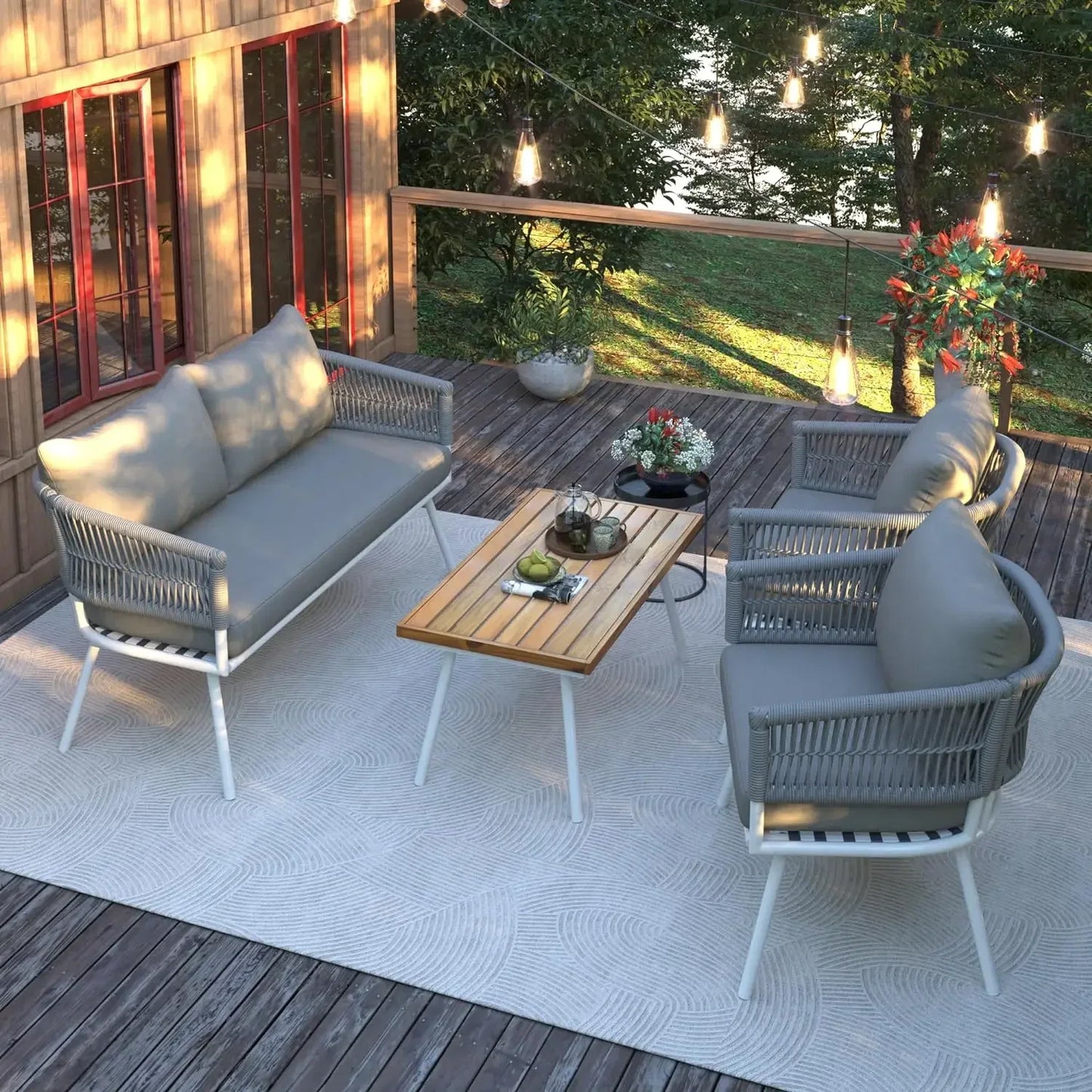 4 Pieces Outoor Patio Furniture Set PP Rope Conversation Set w/Loveseat
