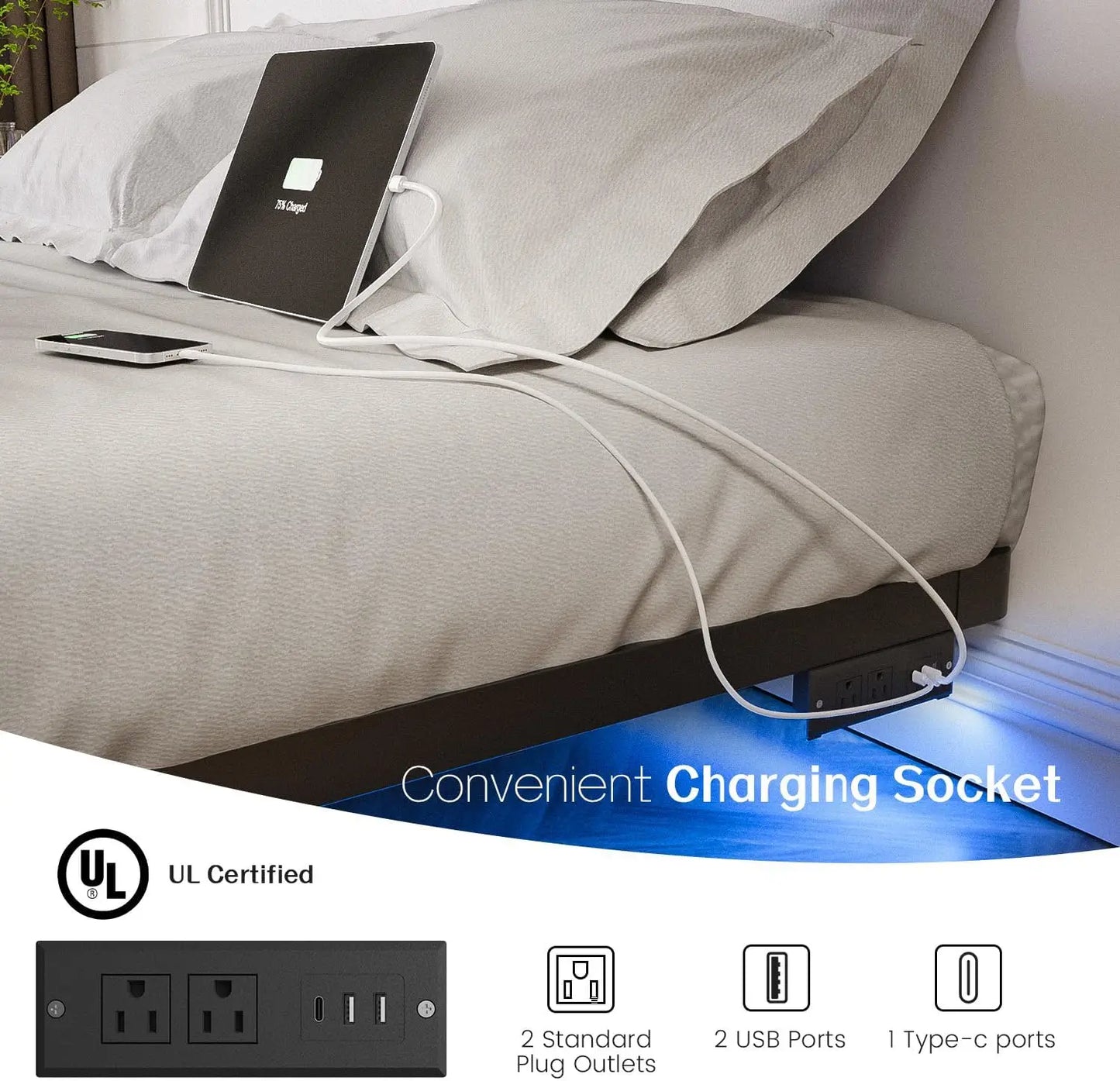 Queen Size Floating Bed Frame with Smart LED Lights