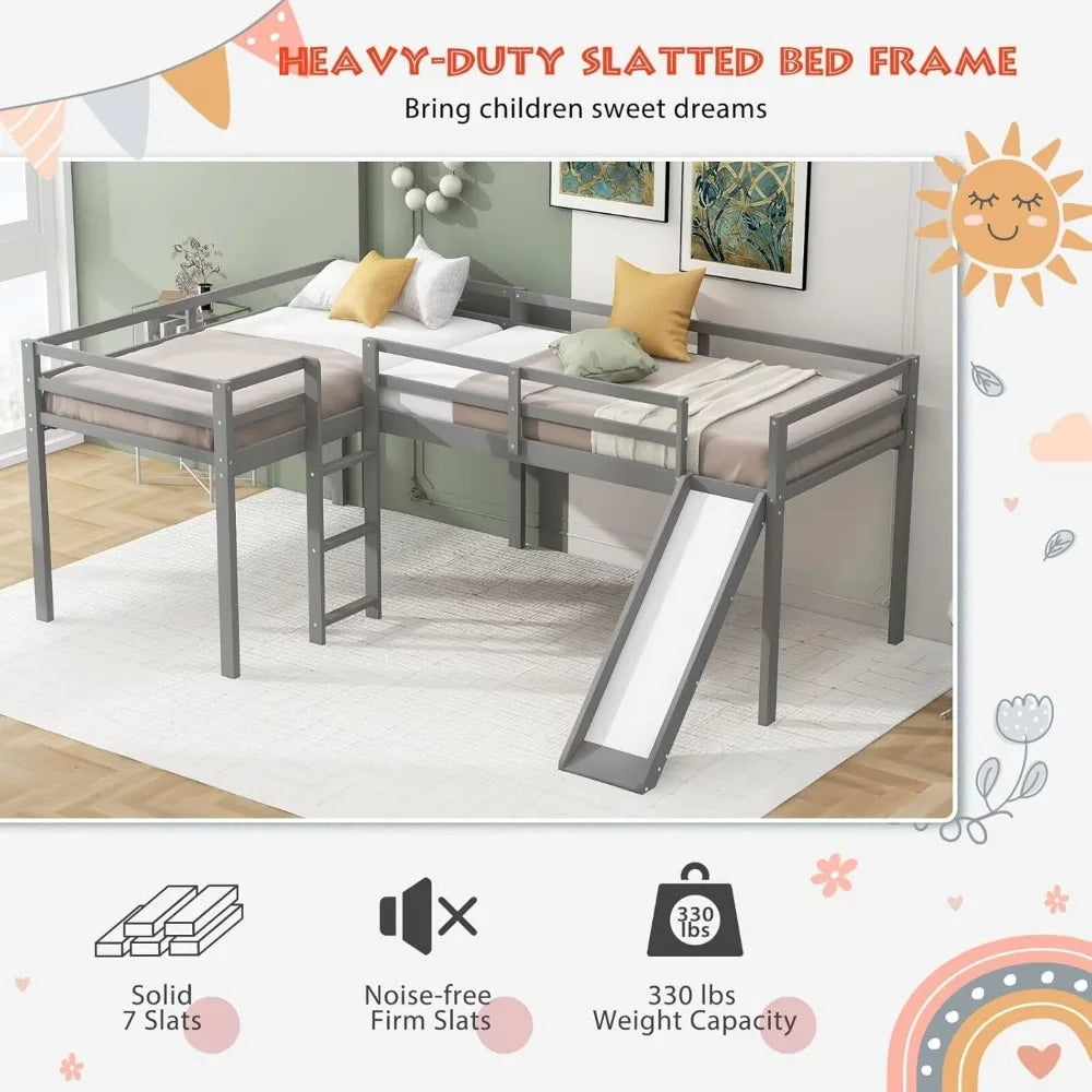 Twin Size Double Loft Bed with Slide and Ladder
