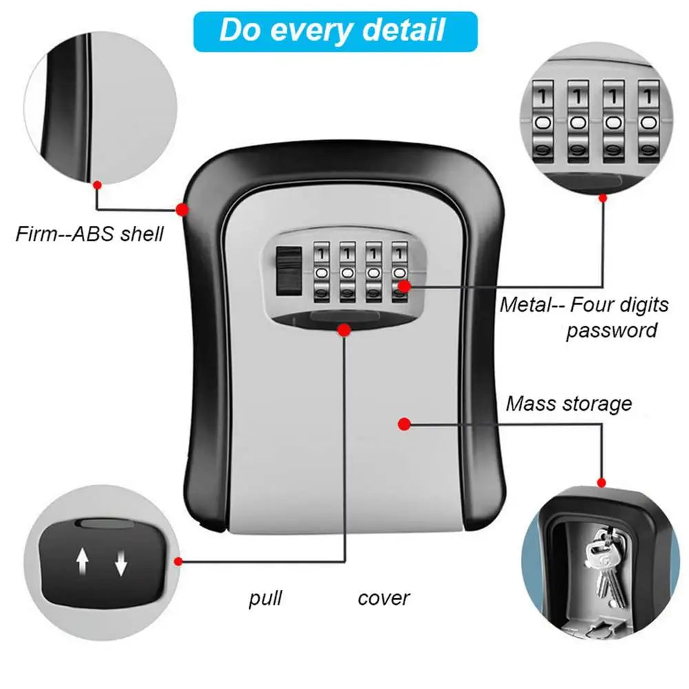 Wall-mounted Key Lock Box Waterproof Aluminum 4 Digit Combination Password Key Organizer Outdoor Key Safe Lock Box