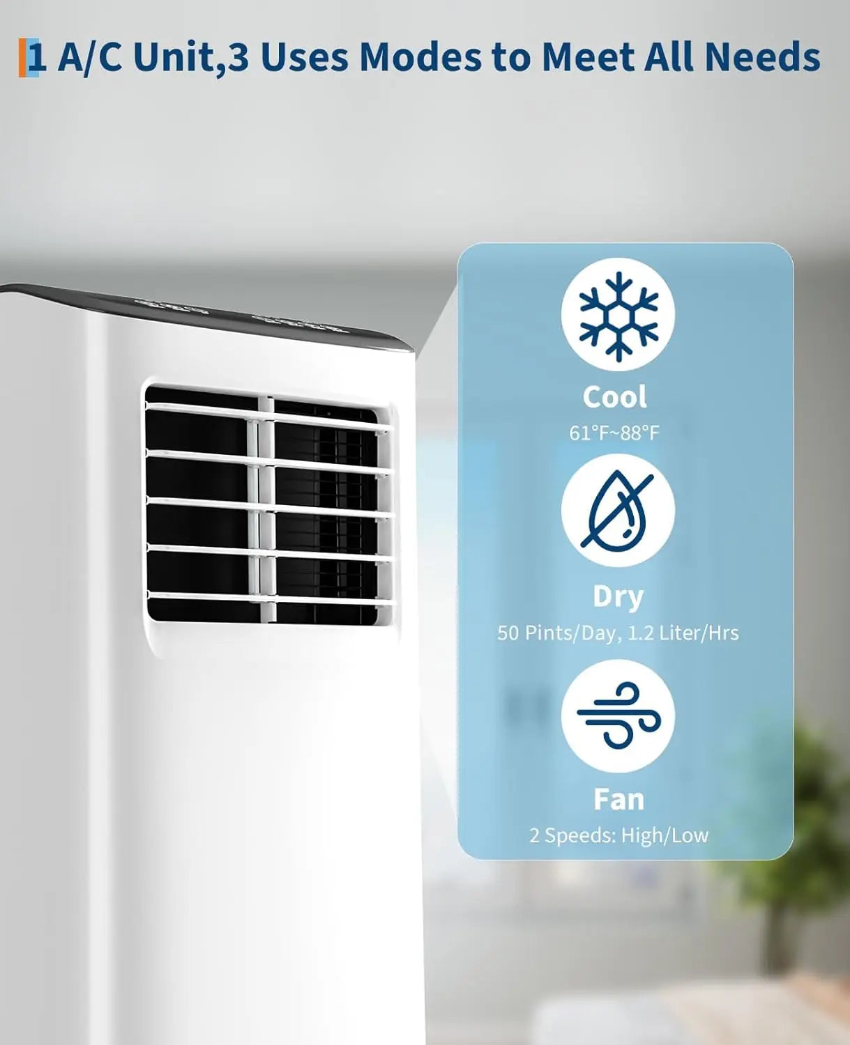 8,000 BTUs 3-in-1 Cooling AC Portable Air Conditioner with Fan & Dehumidifier