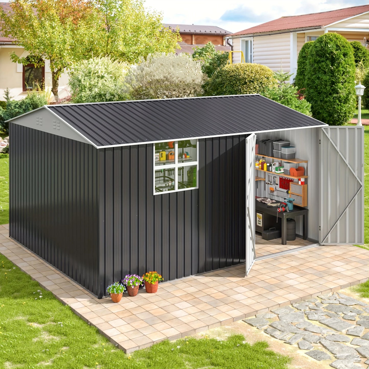 10x12 FT Outdoor Metal Storage Shed with Heavy-Duty Frame