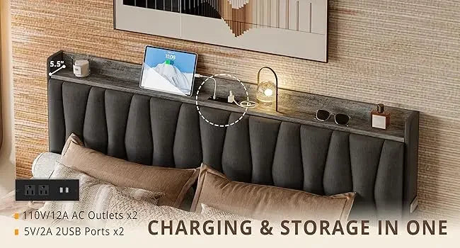 King Size Bed Frame with Storage Headboard and Charging Station
