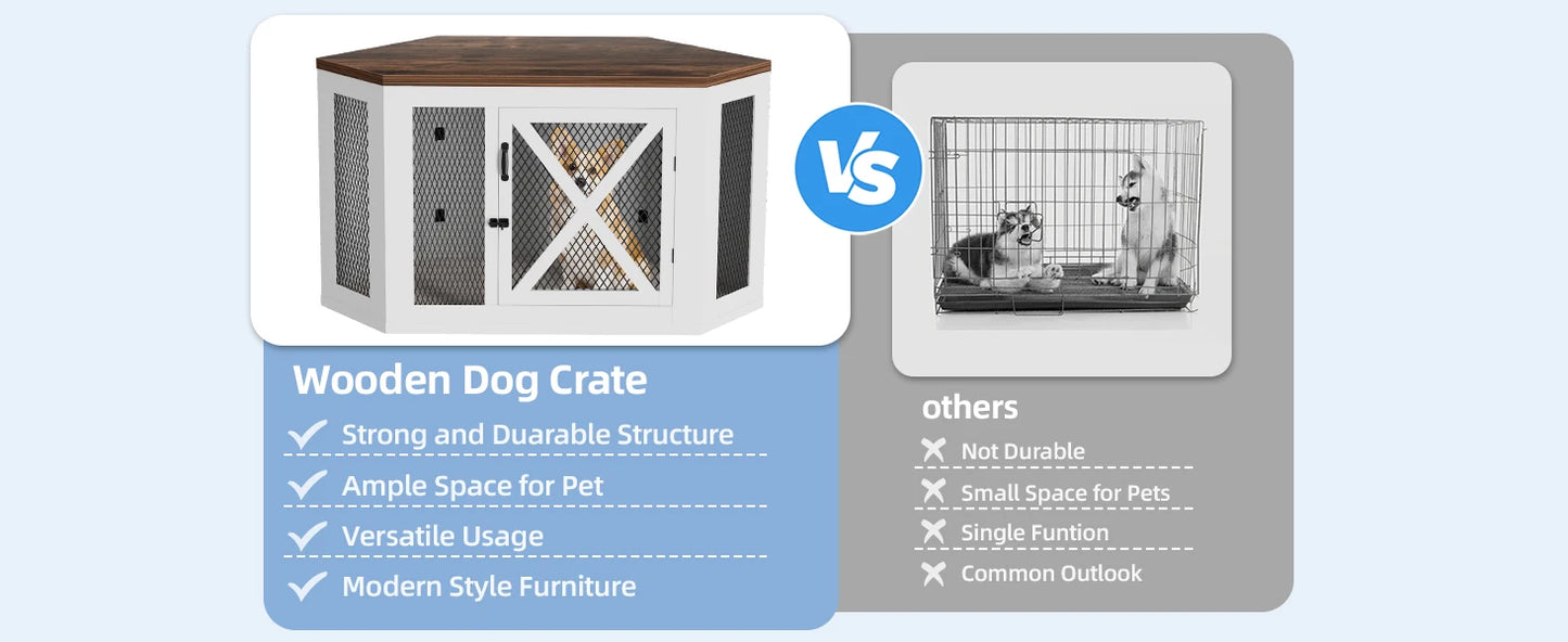 Corner Dog Crate Furniture,Wooden Dog Kennel End Table with Mesh,Cage for Small Medium Large Dog,Decorative Pet Crate Indoor Use