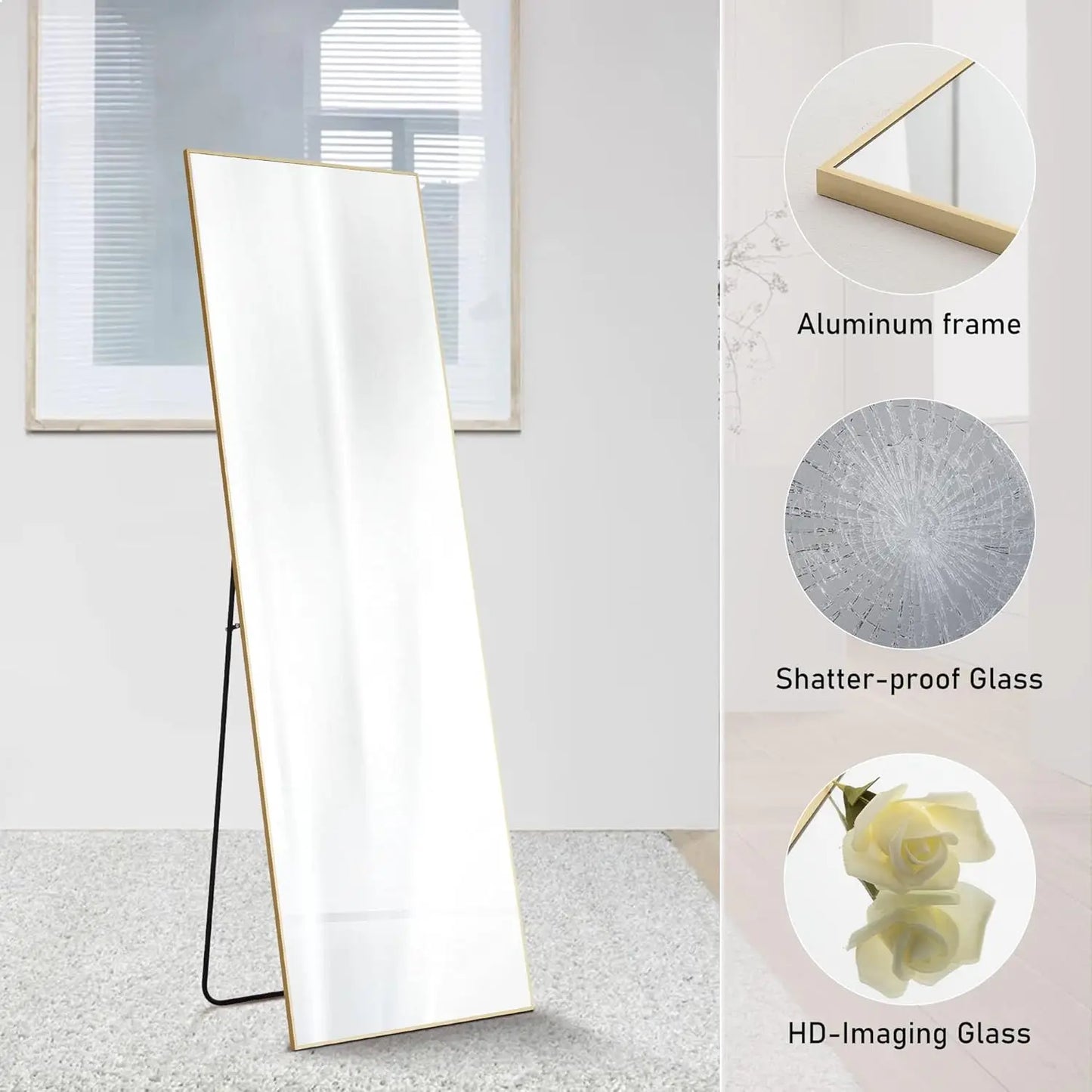 64"x21"Full Length body Mirror with Stand Full Length Aluminum Alloy