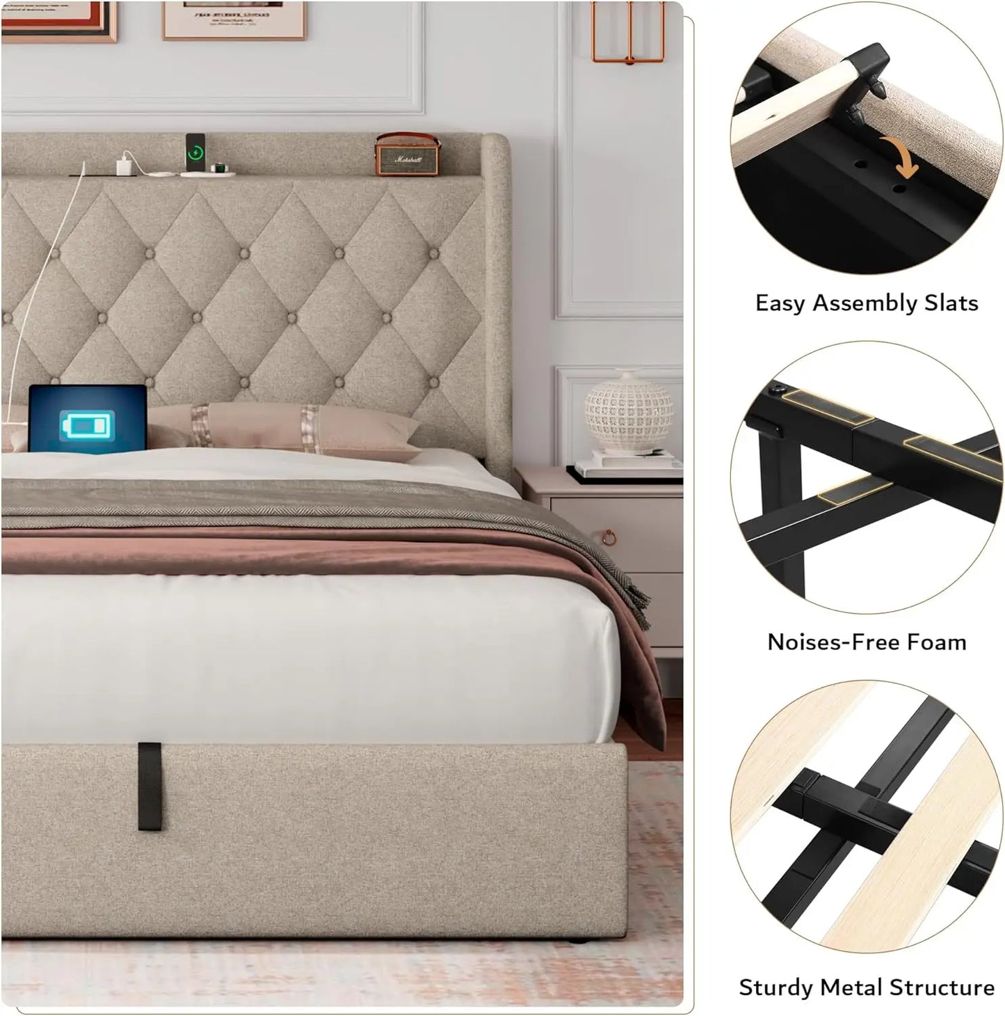 Queen Size Lift Up Storage Bed Frame with Charging Station