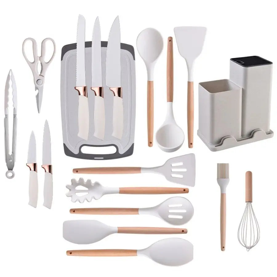 19pcs Food Grade Silicone Brodark Kitchenware Set, Cooking Spoon, Shovel, Cutting Board, Fruit Knife, Chef Knife, Combination Se