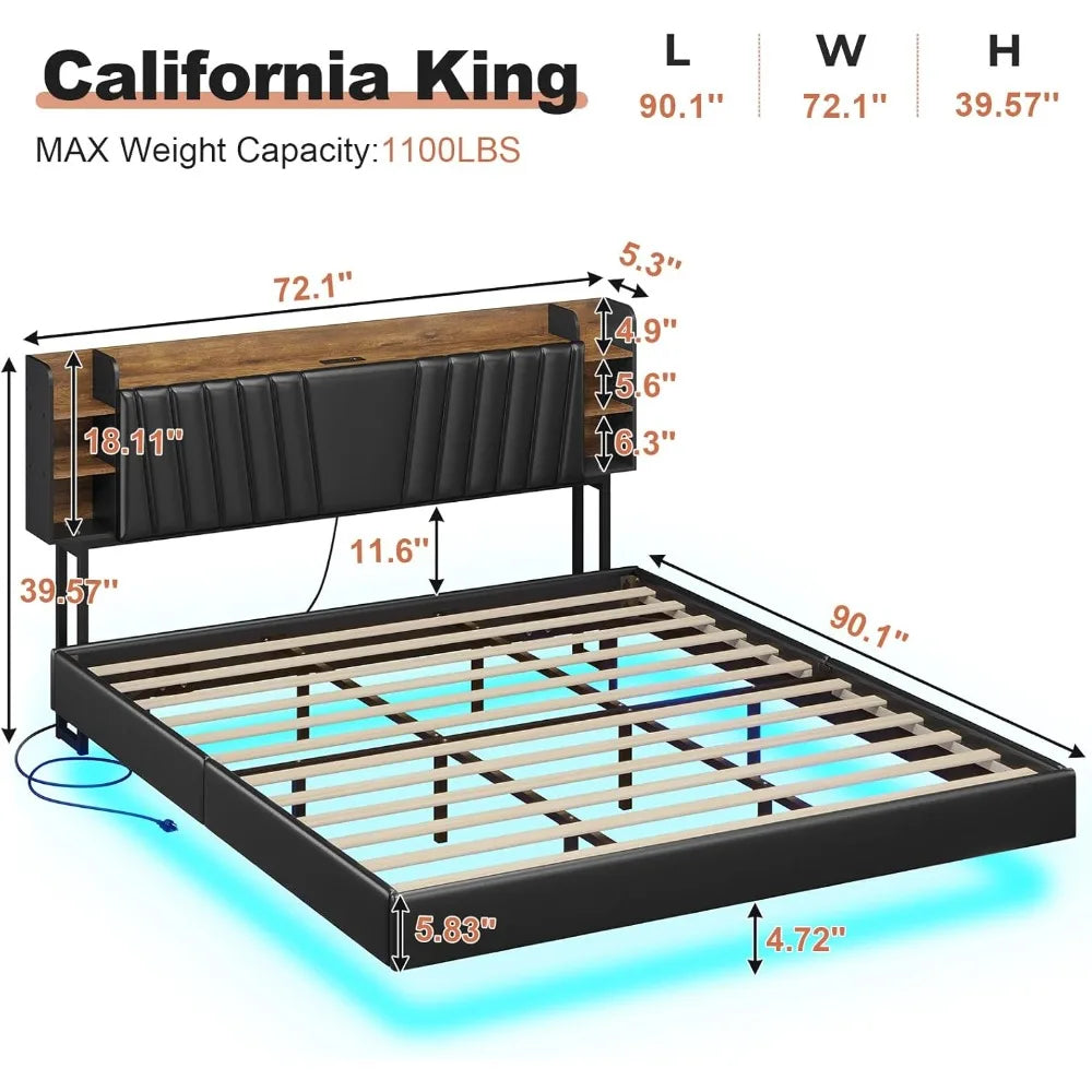 California King Floating Led Bed Frame with Hidden Storage