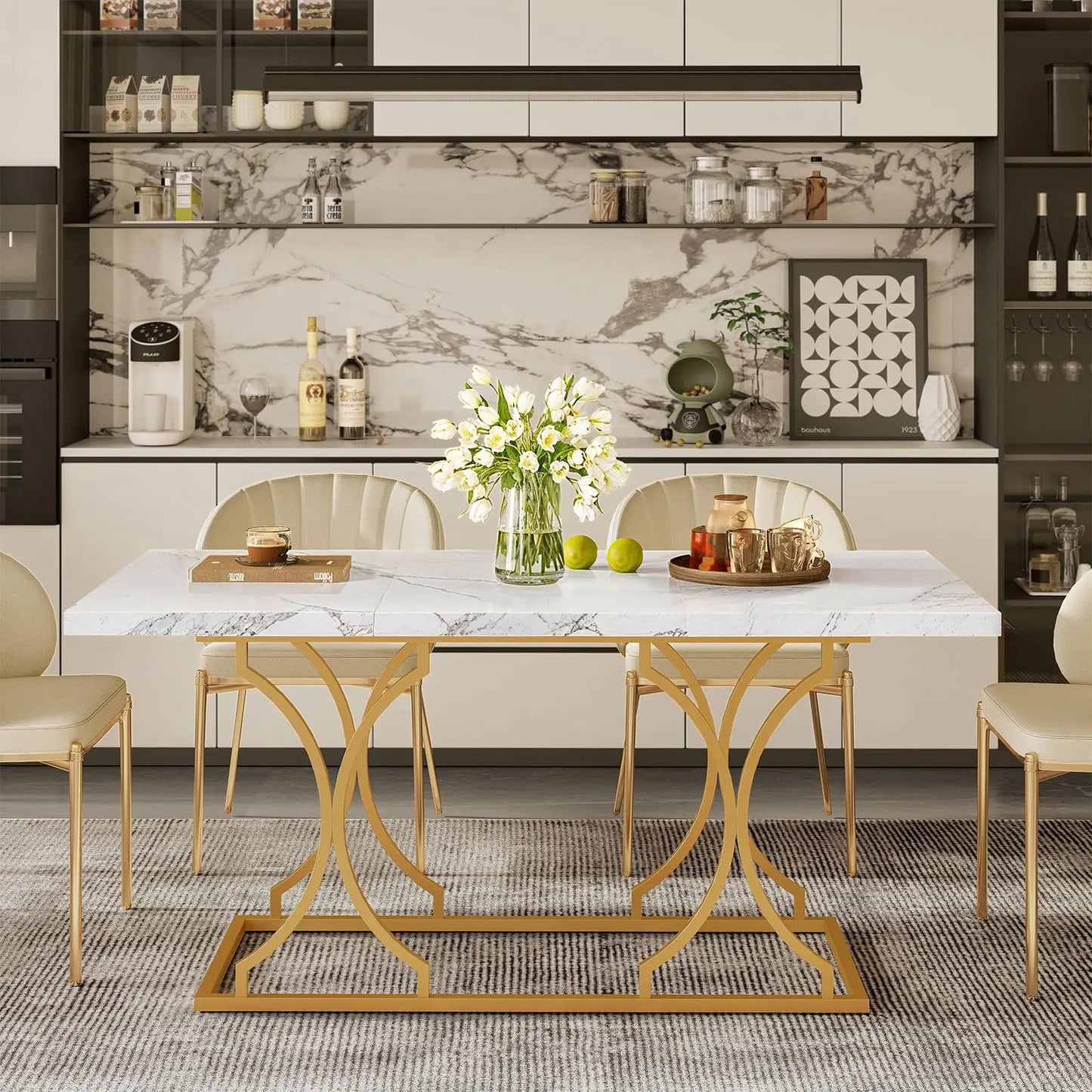 Wooden Marble Pattern Dinner Room Table with Gold Base for Home office