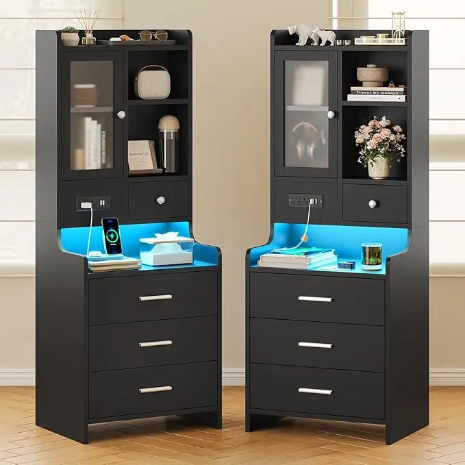 49.2" Black Nightstand Set of 2 with Charging Station