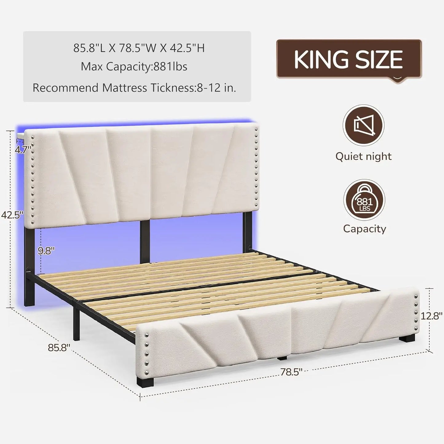 King Size Bed Frame with Velvet Headboard and LED Lights