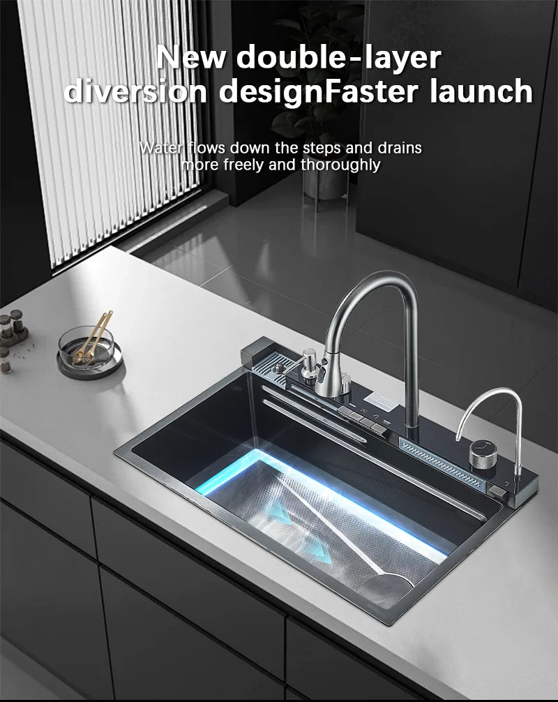 304 Stainless Steel Waterfall Kitchen Sink with Digital Display