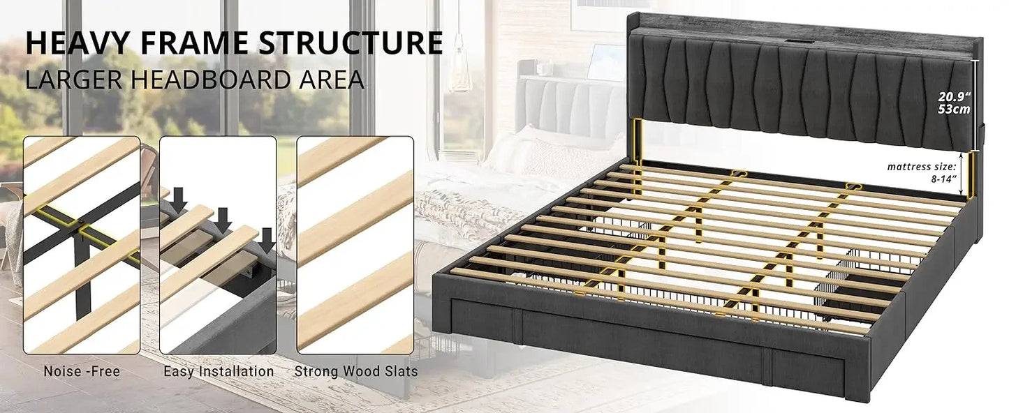 King Size Bed Frame with Storage Headboard and Charging Station