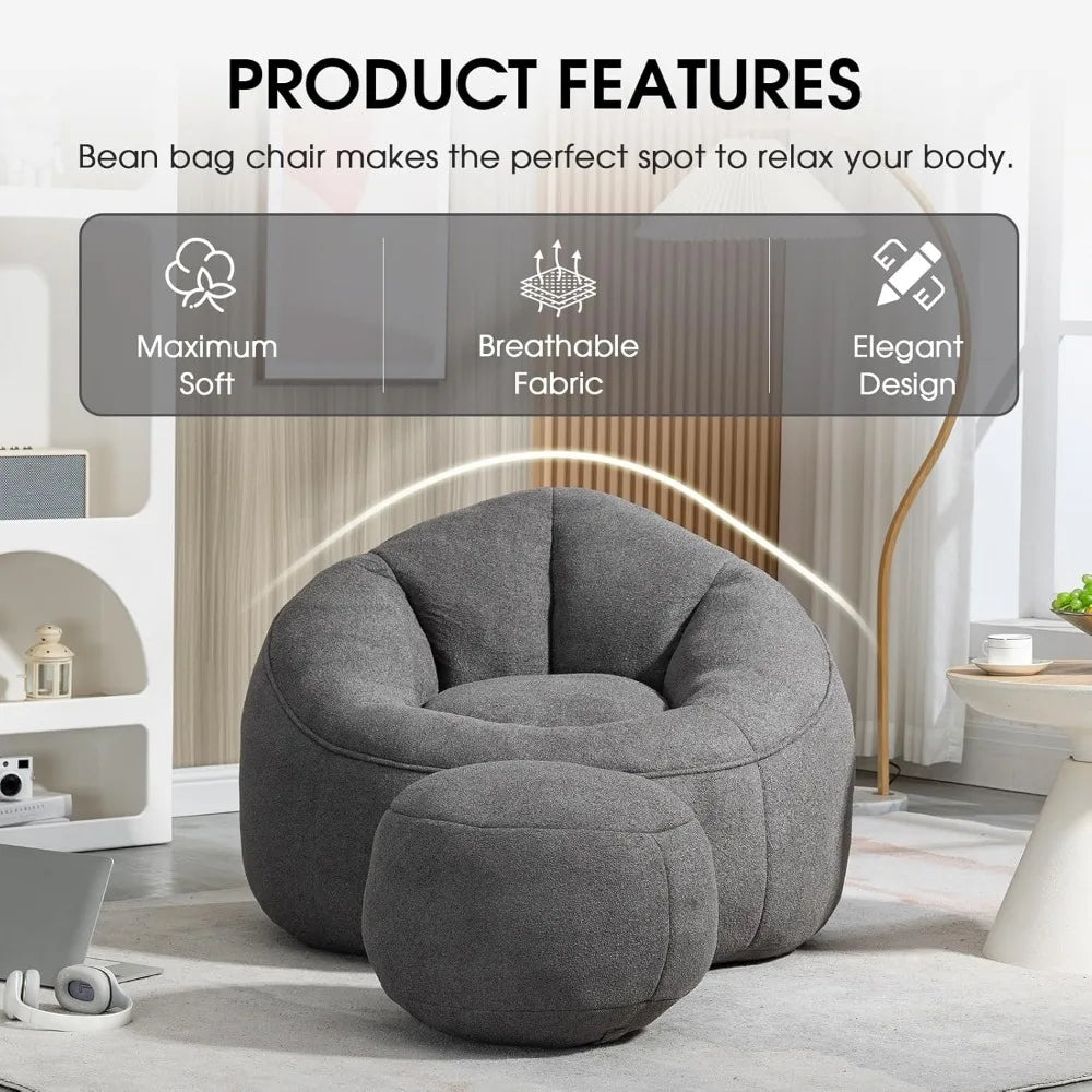 Microfiber Upholstered Shell-Shaped Beanbag Chair with Footstool