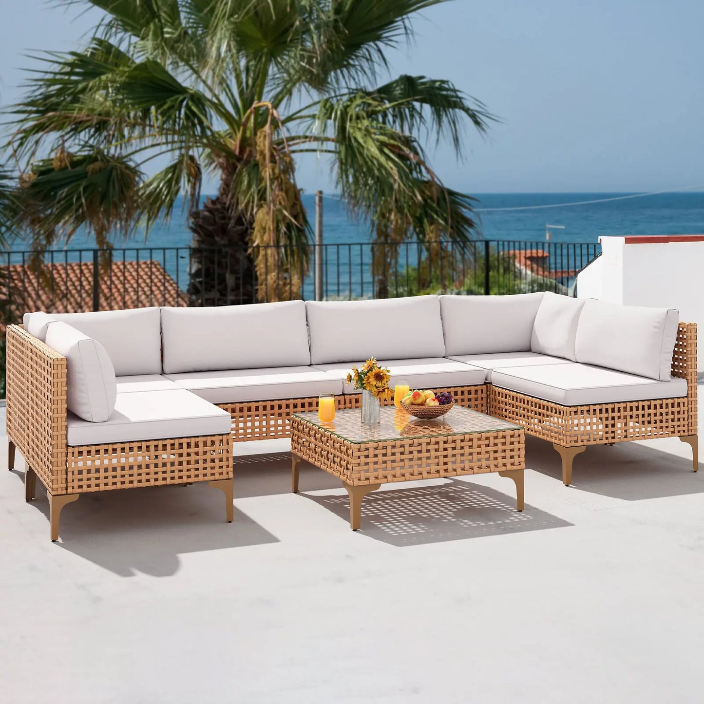 7 Pcs PE Wicker Patio Conversation Set for Backyard Deck Poolside Porch Outdoor