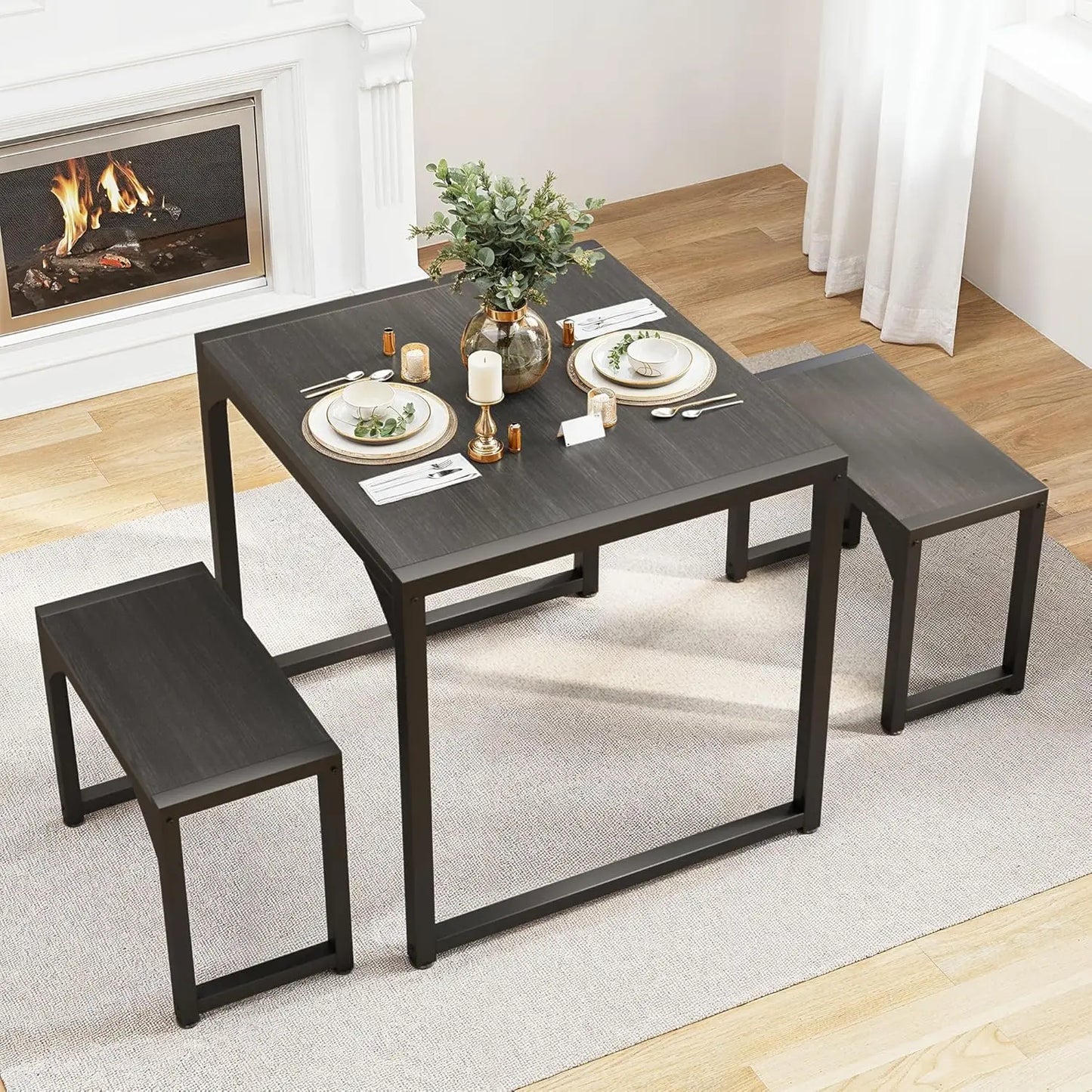 Dining Table Set for 4 with 2 Benches