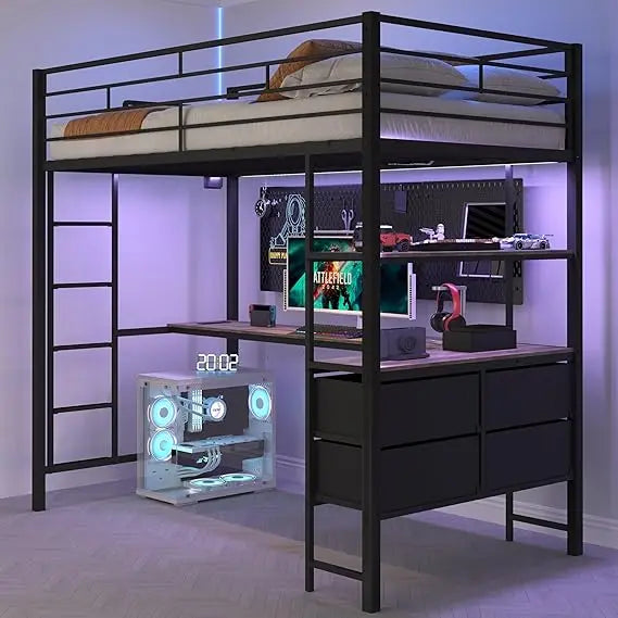 Twin Metal Loft Bed Frame With 15" Safety Guardrail