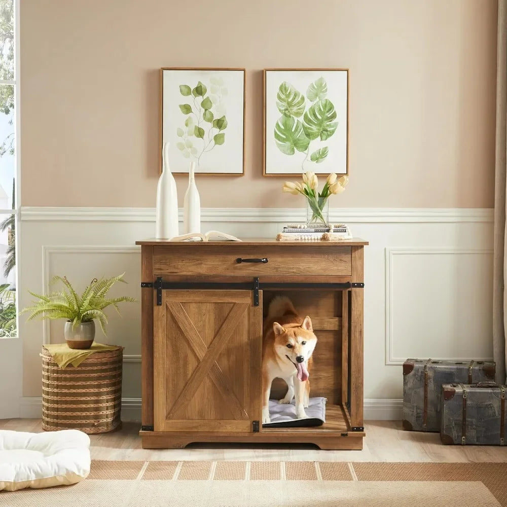 Farmhouse Wooden Dog Kennel Furniture with Sliding Barn Door