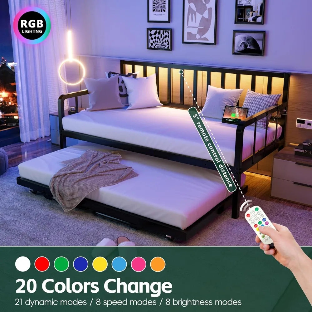 Twin Bed Frame with Charging Station and LED Lights